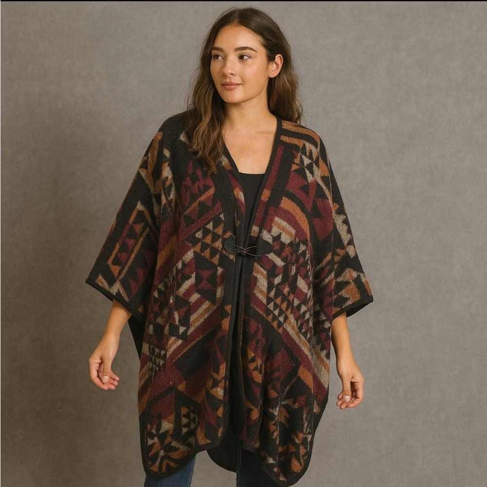French Laundry Aztec Southwestern Blanket Poncho Patterned Sweater One Size